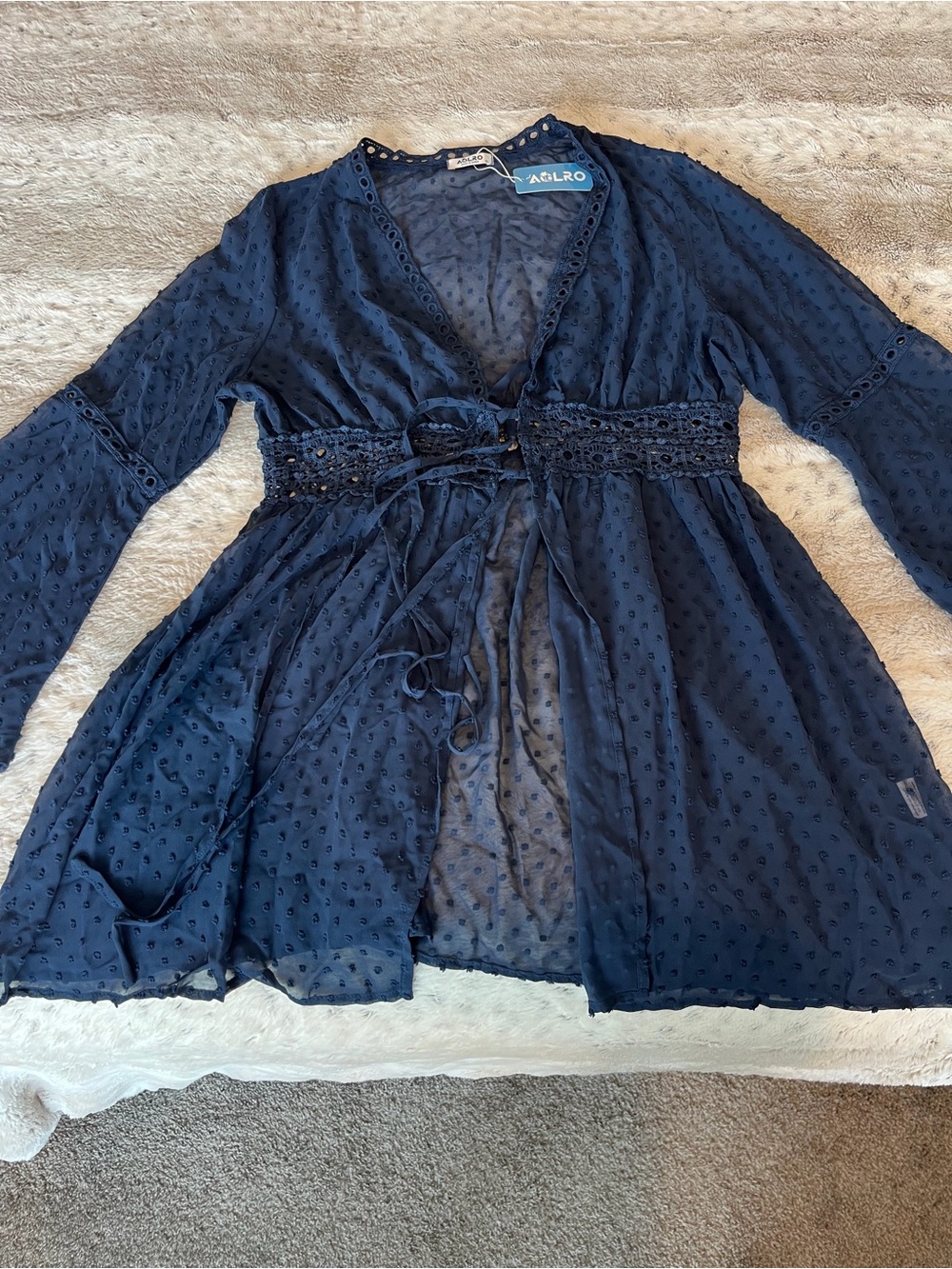 Navy Sheer Tie-Waist Swim Coverup